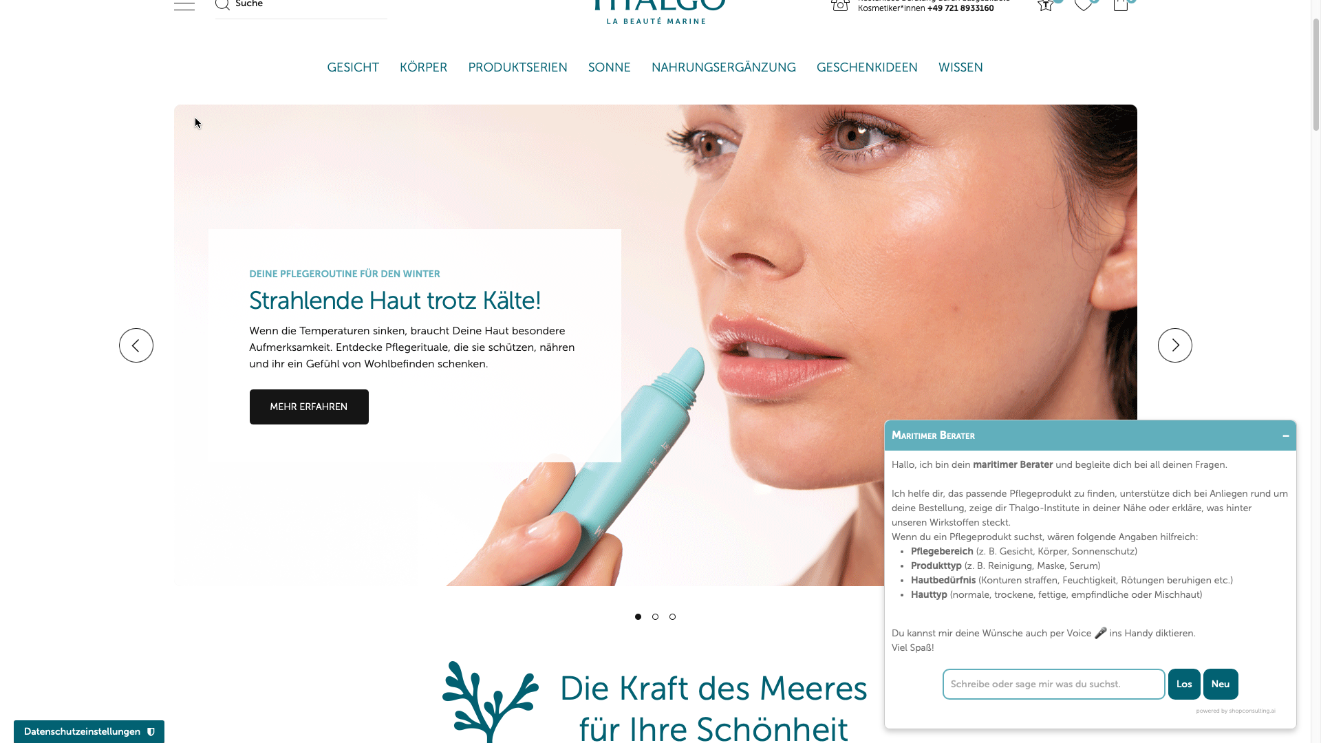 Thalgo AI Shopping Assistant — Bildschirmfoto der personalisierten Hautpflege-Beratung